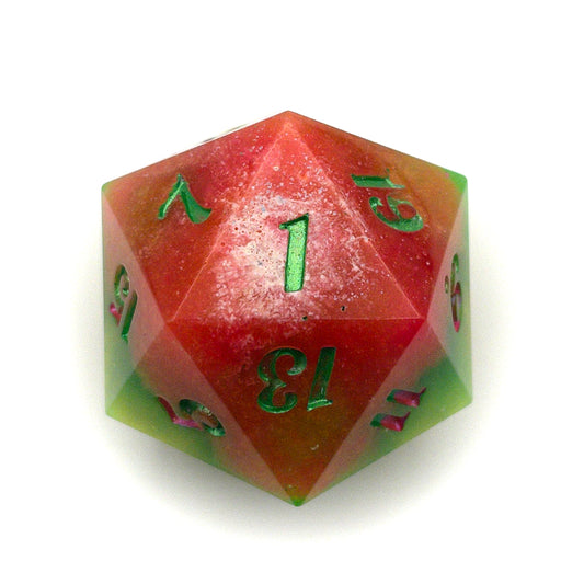 Red & Green D20 chonk with red/pink and green inking on the numbers