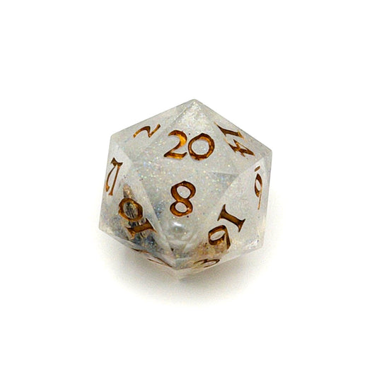 D20 TTRPG die, semi-transparent resin with translucent glitter and angel wing and pearl beads suspended inside. Inked in gold