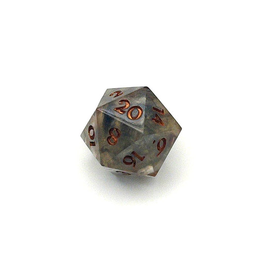 D20 Resin die using transparent black and gold dyes, inked in metallic copper paint