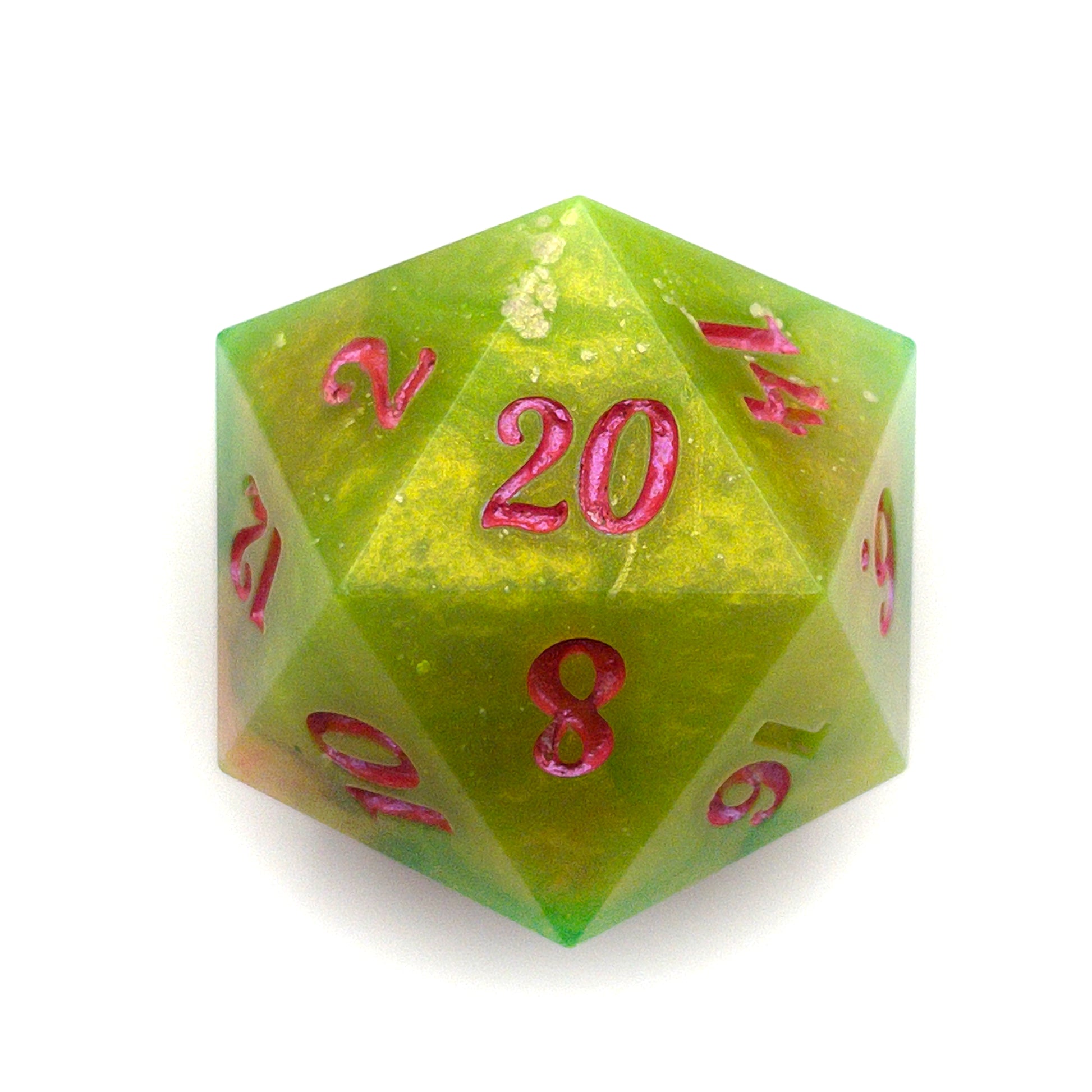 Red & Green D20 chonk with red/pink  and green inking on the numbers 