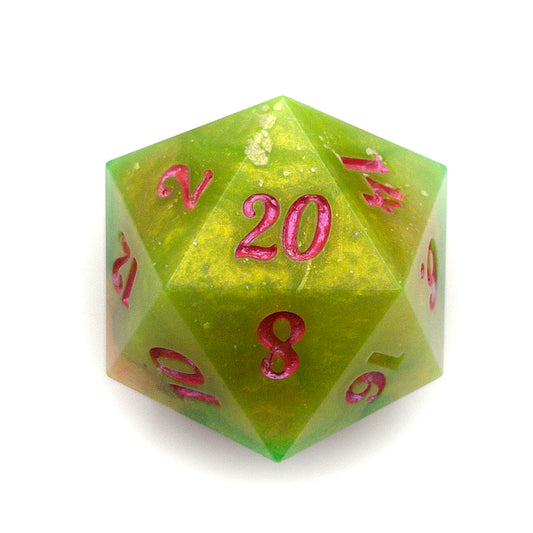 Red & Green D20 chonk with red/pink  and green inking on the numbers 