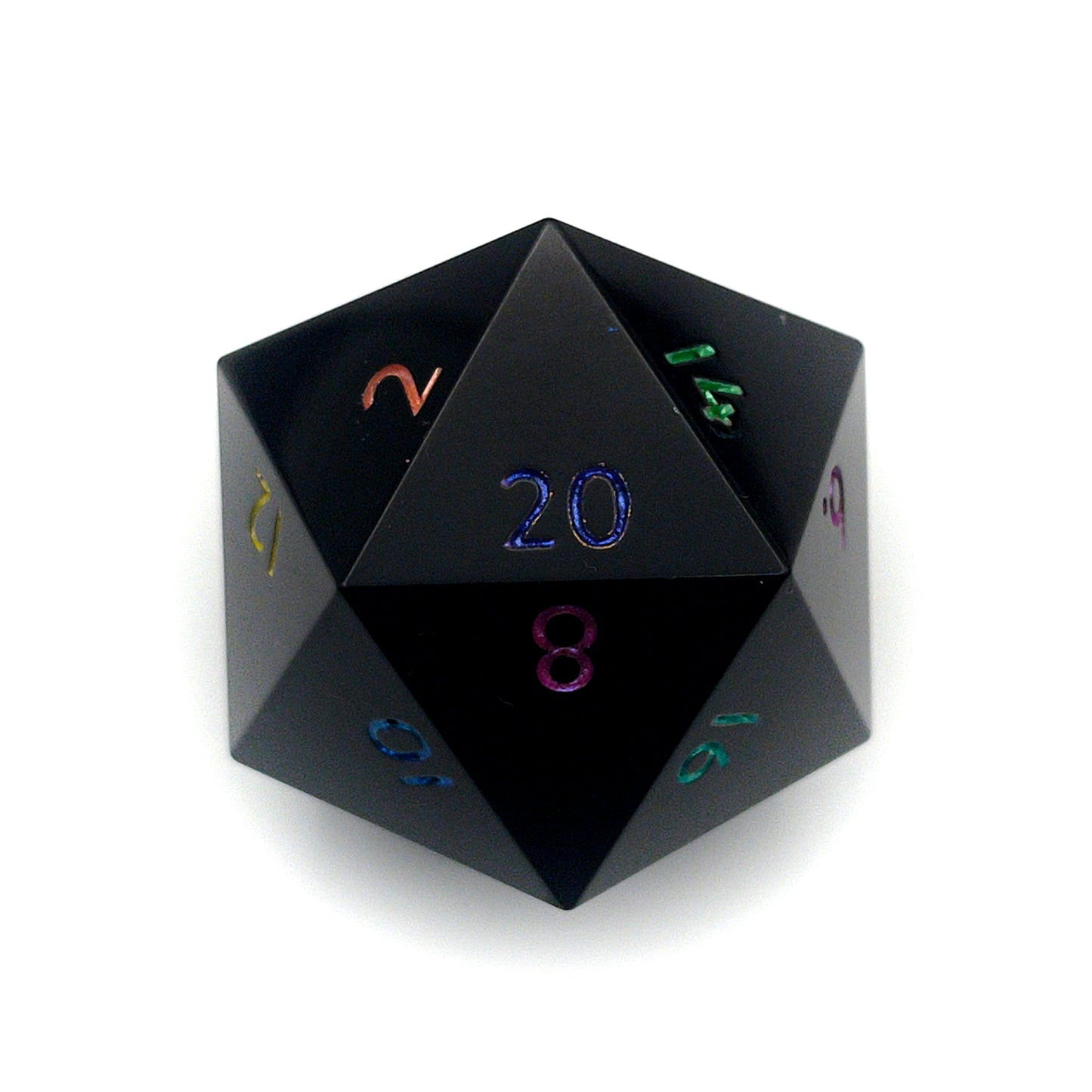 Minimal Black Opaque D20 Chonk with multiple colours used for inking numbers