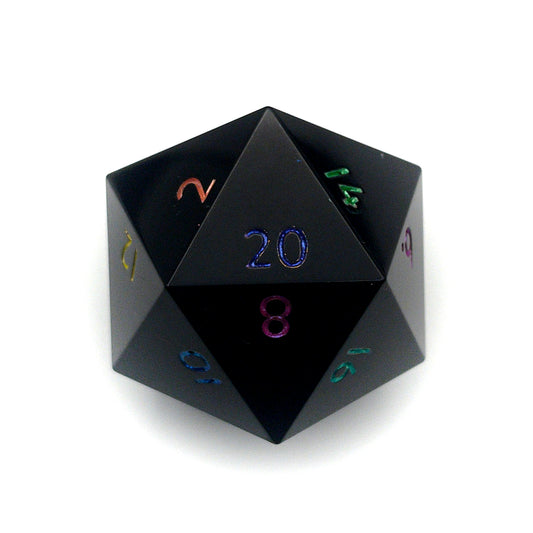 Minimal Black Opaque D20 Chonk with multiple colours used for inking numbers