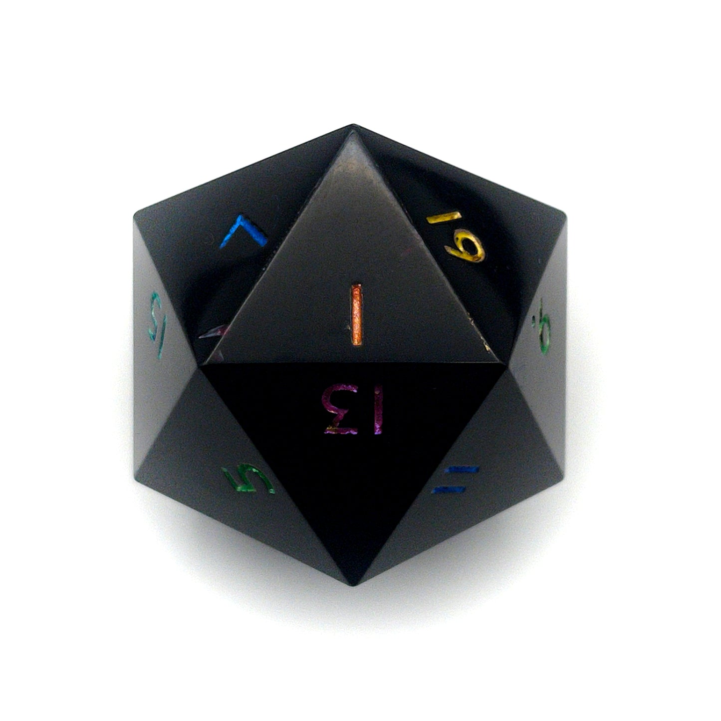 Minimal Black Opaque D20 Chonk with multiple colours used for inking numbers
