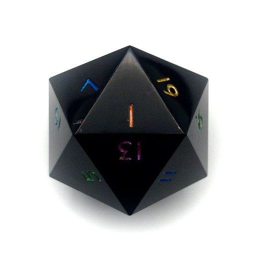Minimal Black Opaque D20 Chonk with multiple colours used for inking numbers