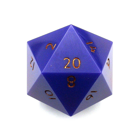 Purple through red opaque pearlescent minimalist D20 chonk with gold inking on the numbers