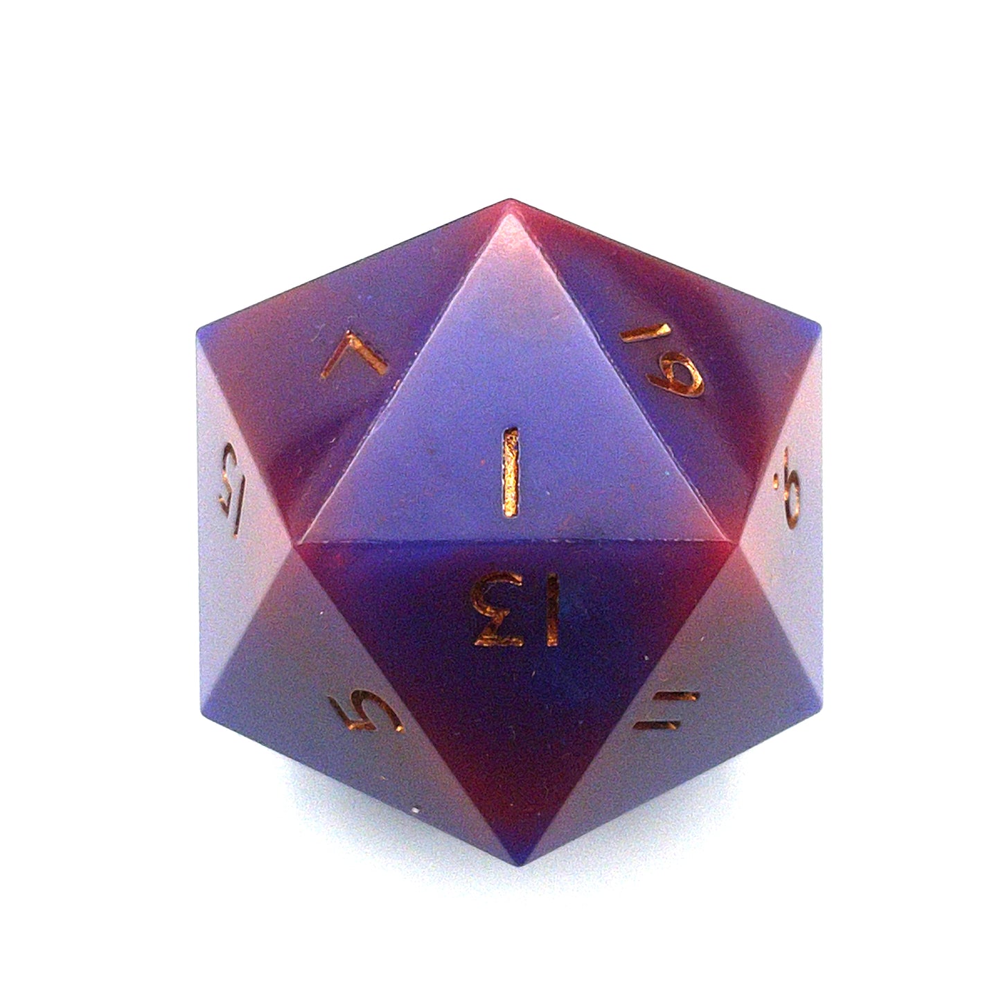 Purple through red opaque pearlescent minimalist D20 chonk with gold inking on the numbers
