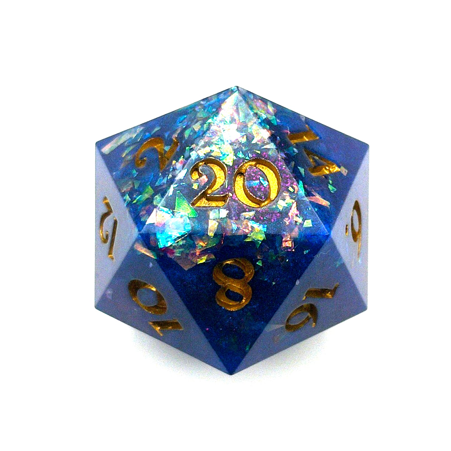 Blue opaque D20 chonk with large glitter flakes