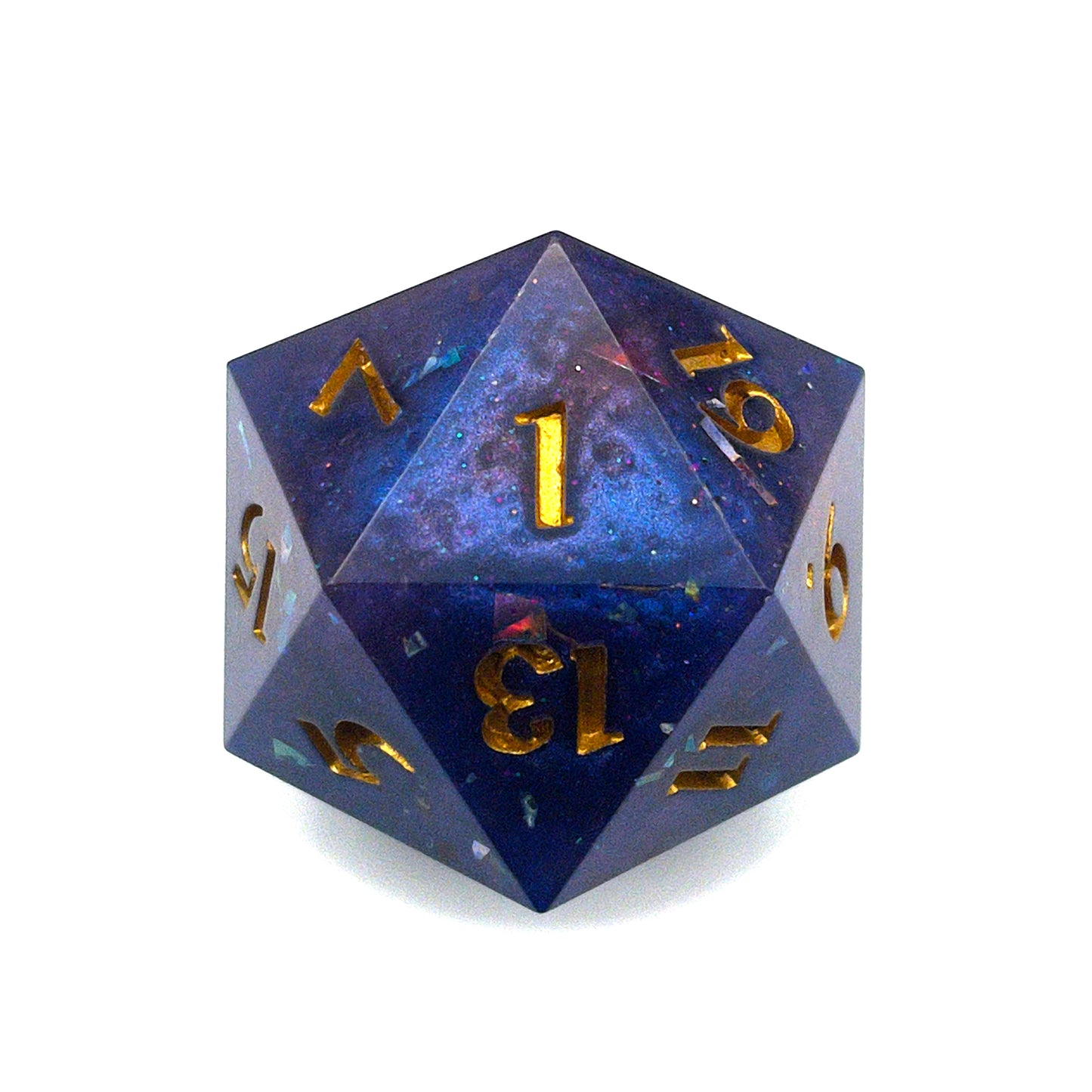 Blue opaque D20 chonk with large glitter flakes