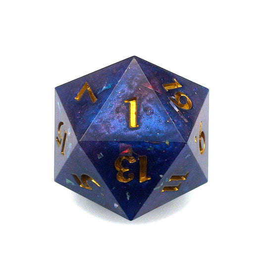 Blue opaque D20 chonk with large glitter flakes