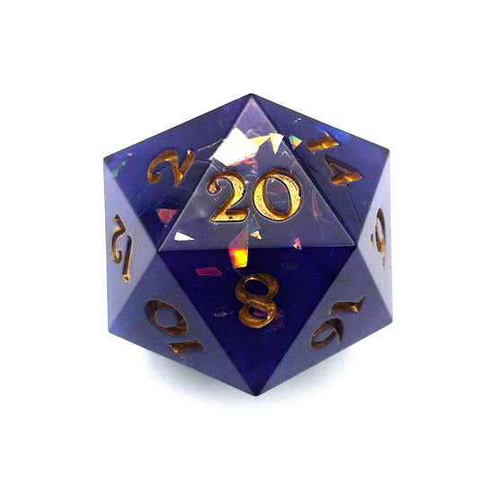 Opaque purple D20 chonk with glittery shiny mylar flakes, inked in gold