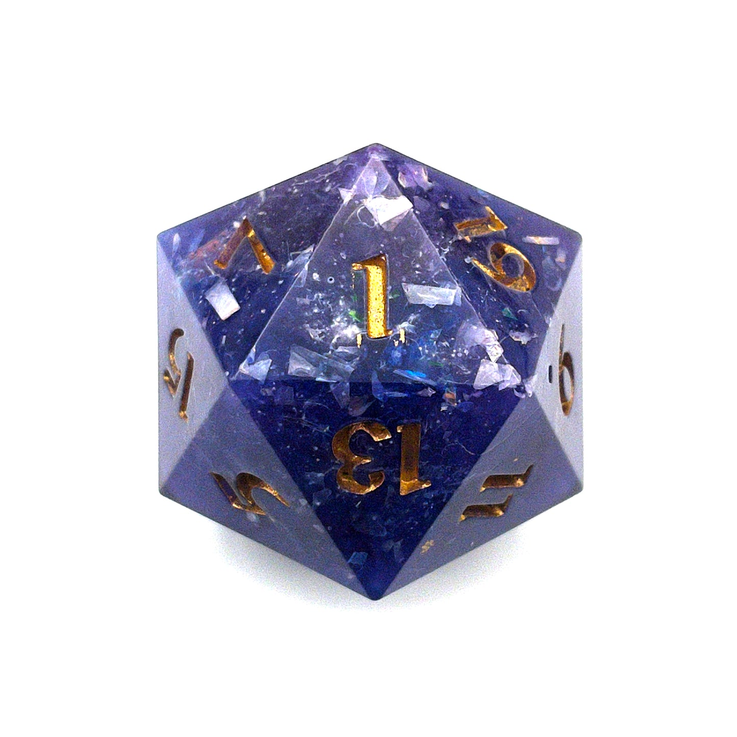 Opaque purple D20 chonk with glittery shiny mylar flakes, inked in gold