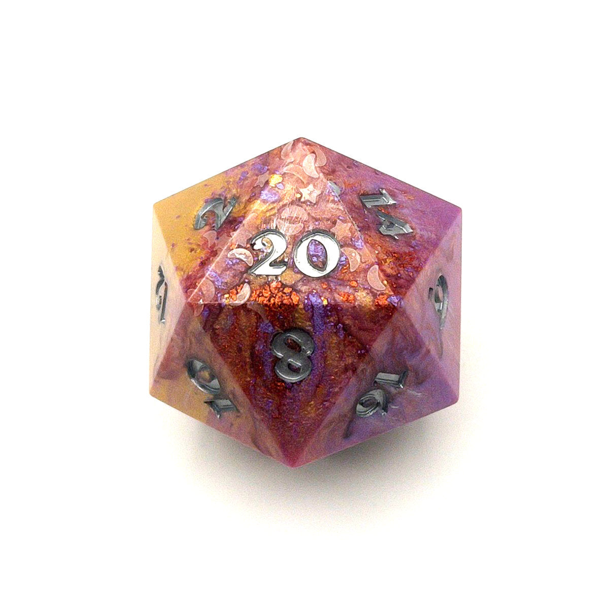 Opaque resin chonk coloured with gold, bronze and purple pigment powder, with tiny iridescent stars and crescent moons visible on the 20 face. Inking is in silver