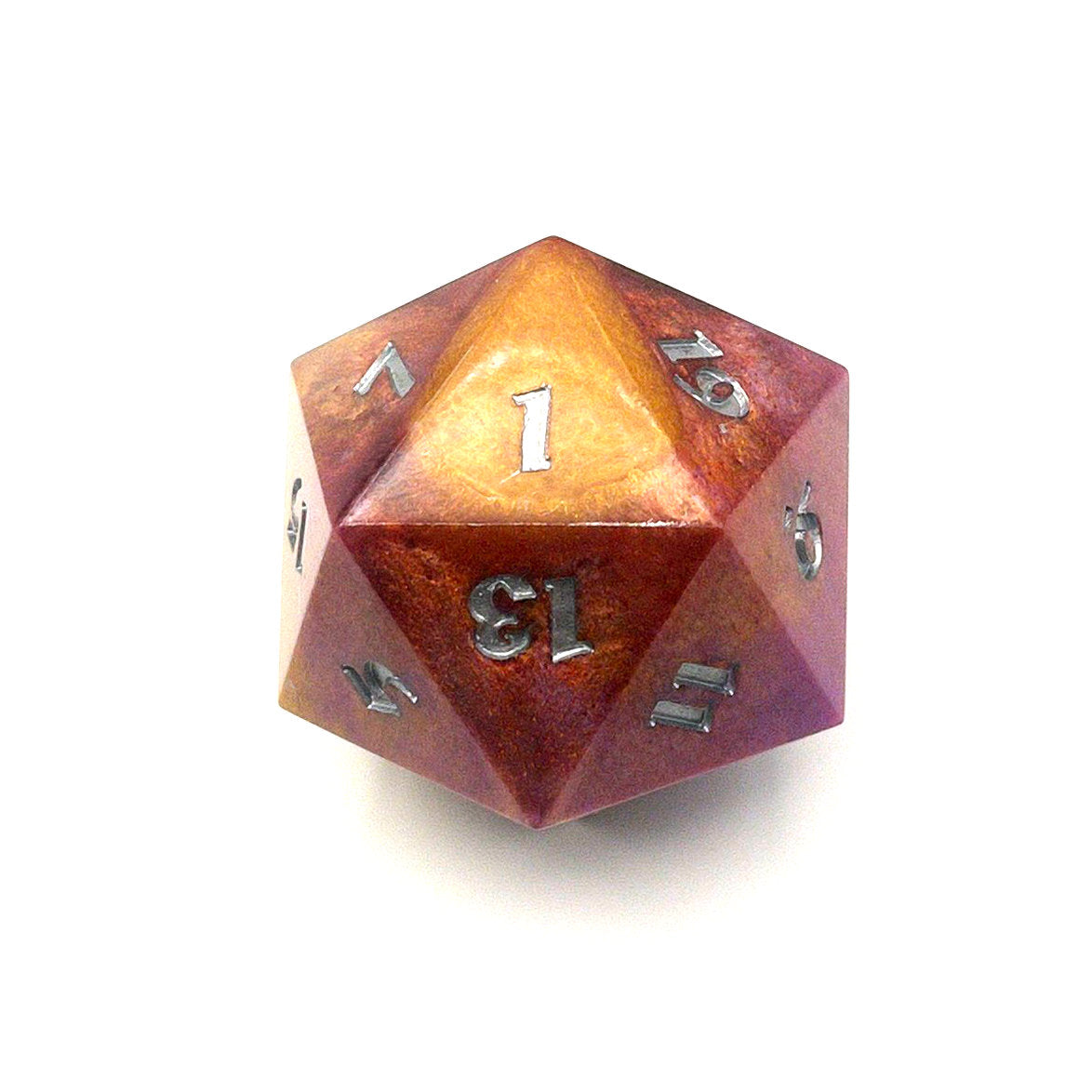 Opaque resin chonk coloured with gold, bronze and purple pigment powder, with tiny iridescent stars and crescent moons. Inking is in silver