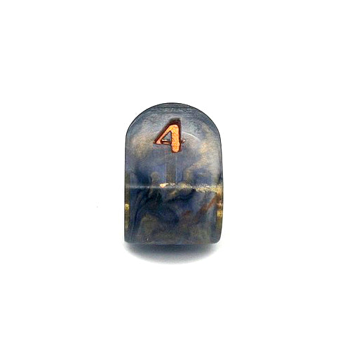 Resin infinity-shaped D4, semi-transparent using black and gold swirled dyes and inked in gold
