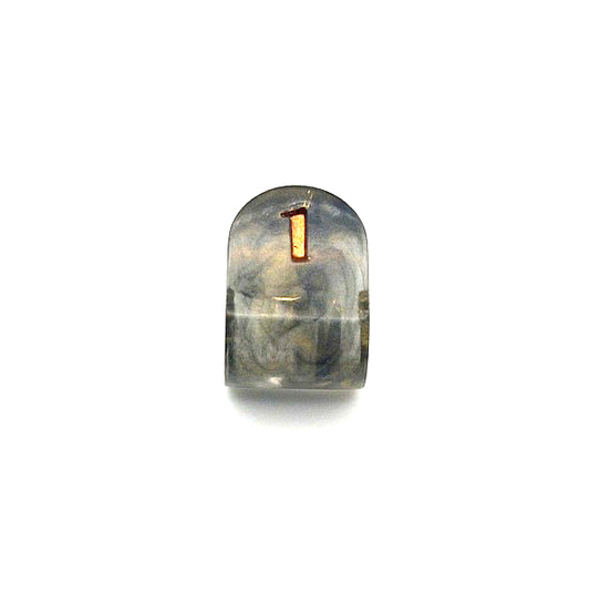 Resin infinity-shaped D4, semi-transparent using black and gold swirled dyes and inked in gold