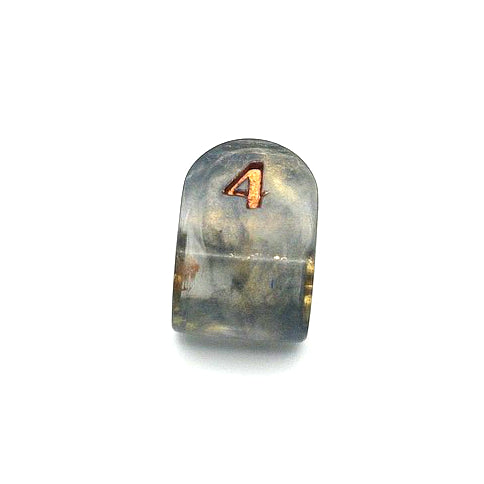 Resin infinity-shaped D4, semi-transparent using black and gold swirled dyes and inked in gold