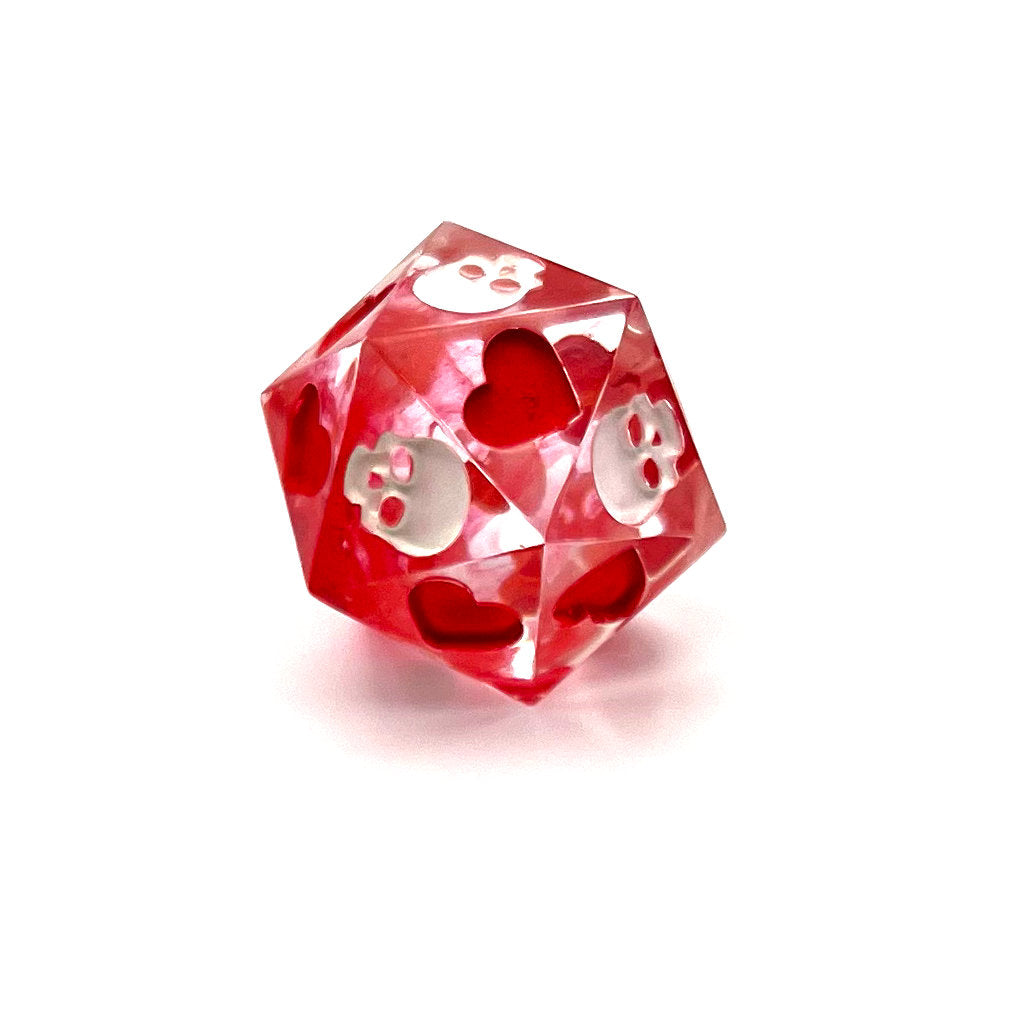 Blood in the water style death saves dice with white and red inking