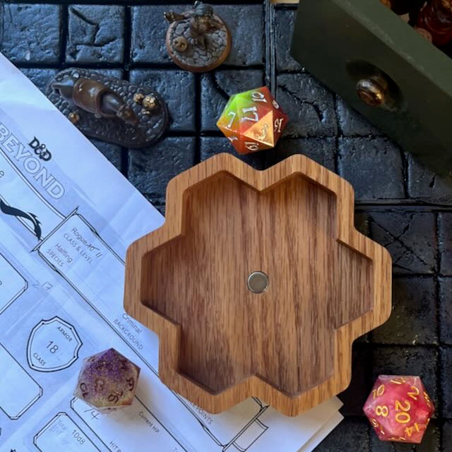 White oak CNC carved wooden dice tray holder on a D&D background