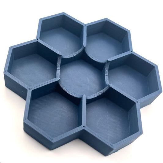 Matte navy blue PLA 3D printed hexagonal dice tray