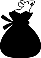 Ratbag Dice Logo. A rat sitting in a dice bag