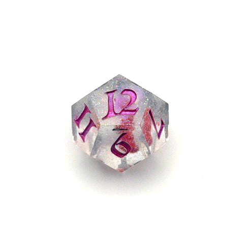 D12 resin dice. Resin is transparent with translucent glitter suspended inside and a red 3D printed hair bow. These are inked in colour-shifting 