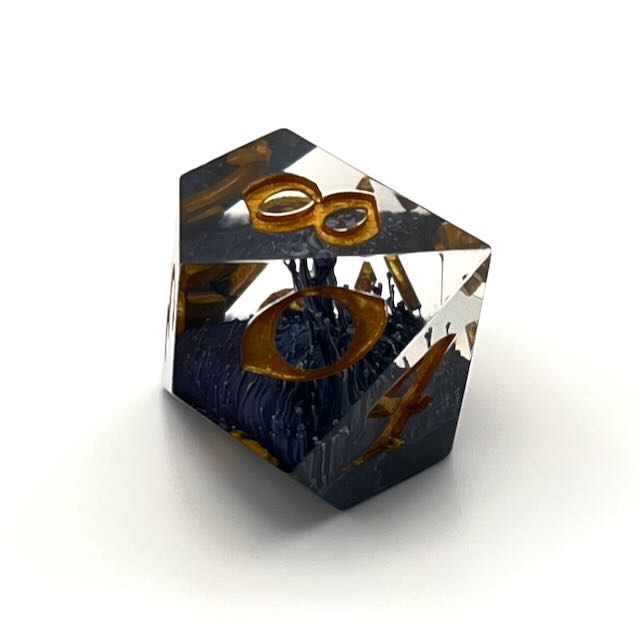 D10 TTRPG resin dice with gold inking. Clear and black resin
