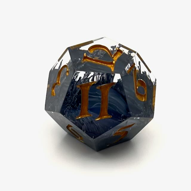 D12 TTRPG resin dice with gold inking. Clear and black resin