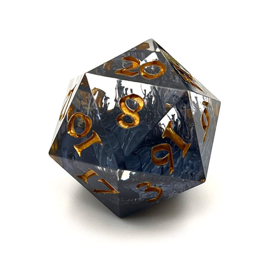 D20 TTRPG D&D clear with black Petri effect resin dice inked in gold