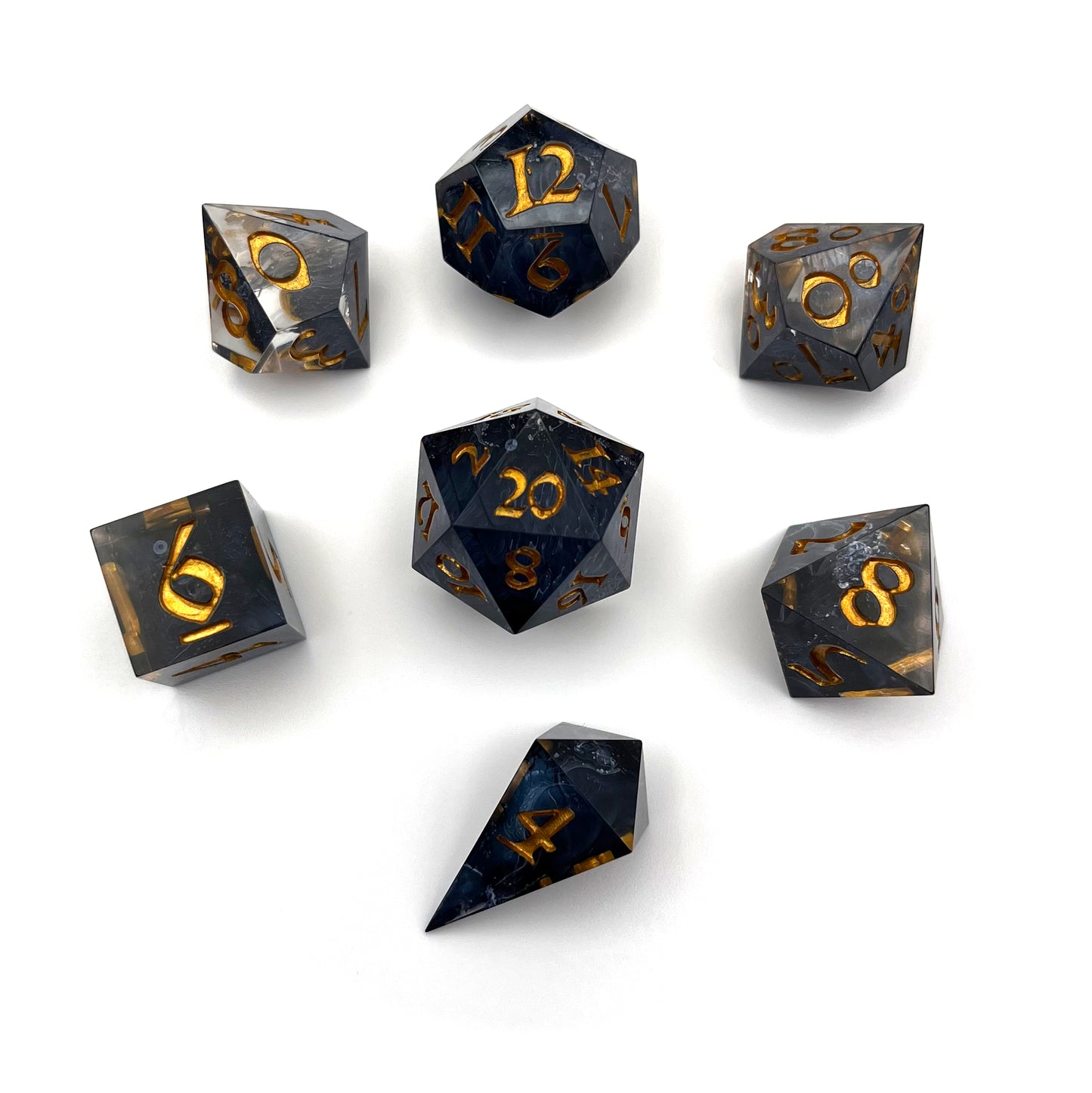 TTRPG D&D clear with black Petri effect resin dice set inked in gold