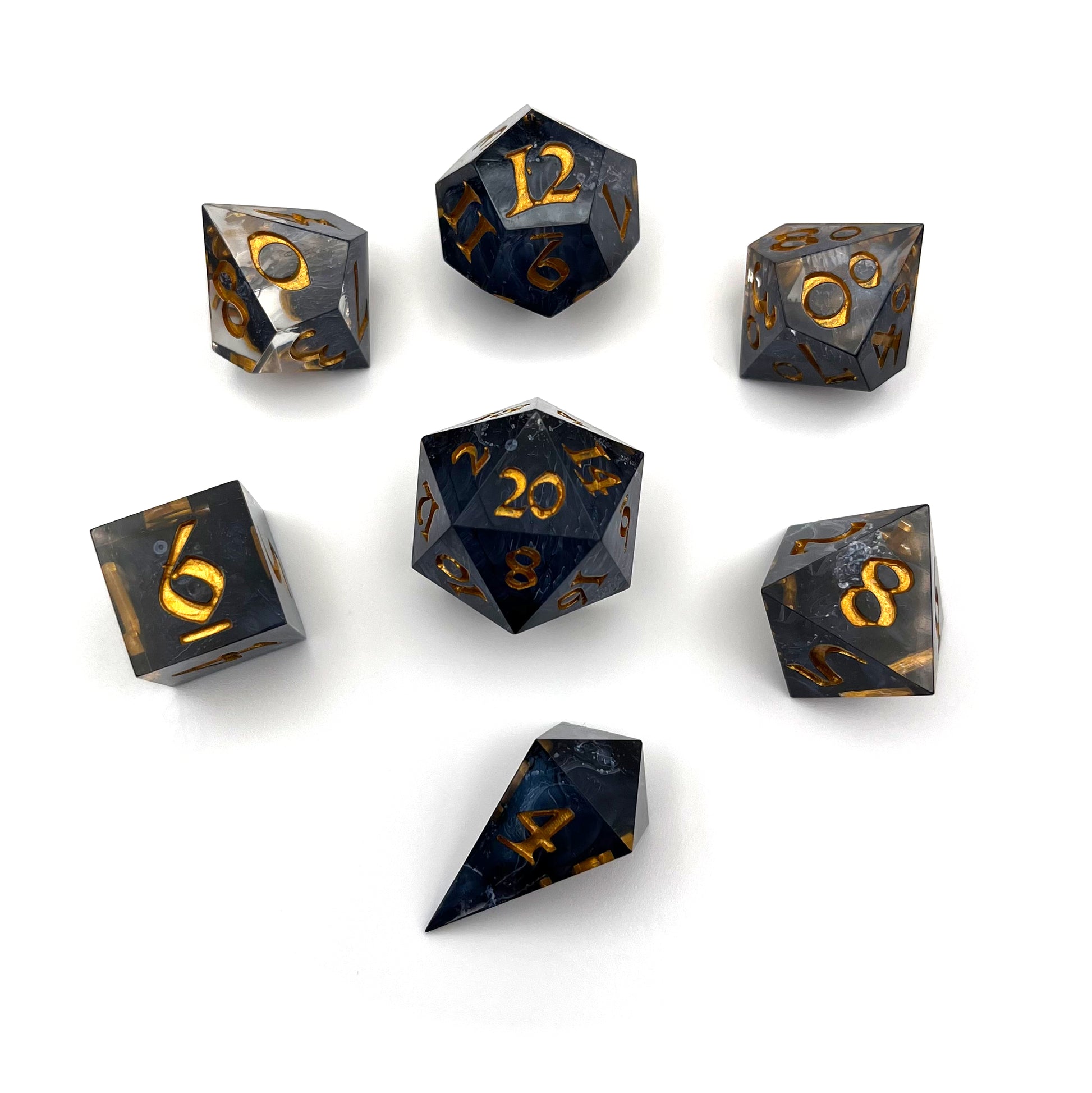 TTRPG D&D clear with black Petri effect resin dice set inked in gold