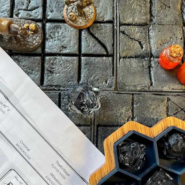 Set of clear and black petrie pour style resin dice with Uninked numbers shown on a D&D play table.