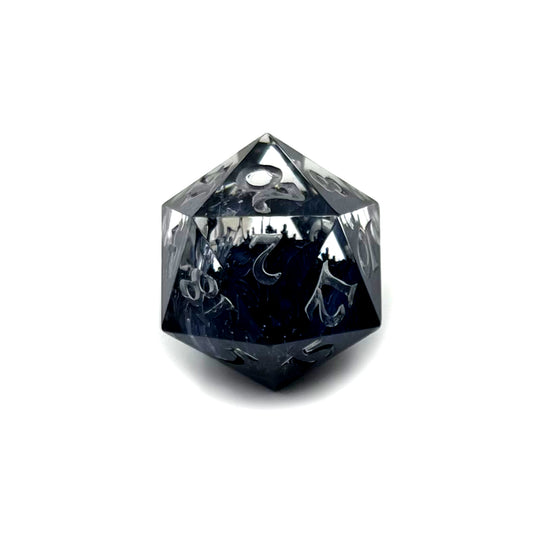 D20 clear and black petrie pour style resin dice with Uninked numbers