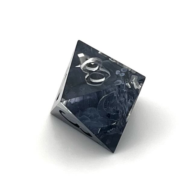 D8 clear and black petrie pour style resin dice with Uninked numbers
