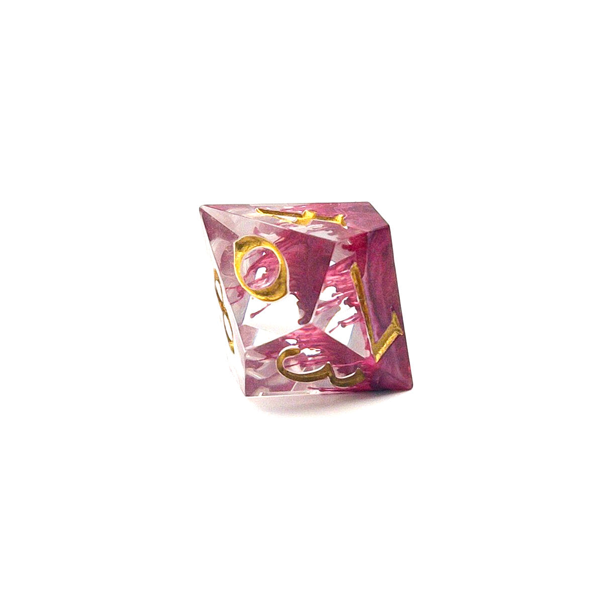 D10 TTRPG resin dice, petri-pour in white and Sweet Cherry, inked in Gold