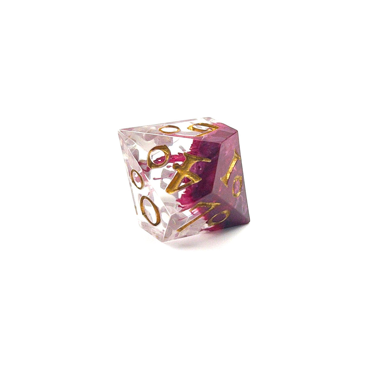 D100 TTRPG resin dice, petri-pour in white and Sweet Cherry, inked in Gold