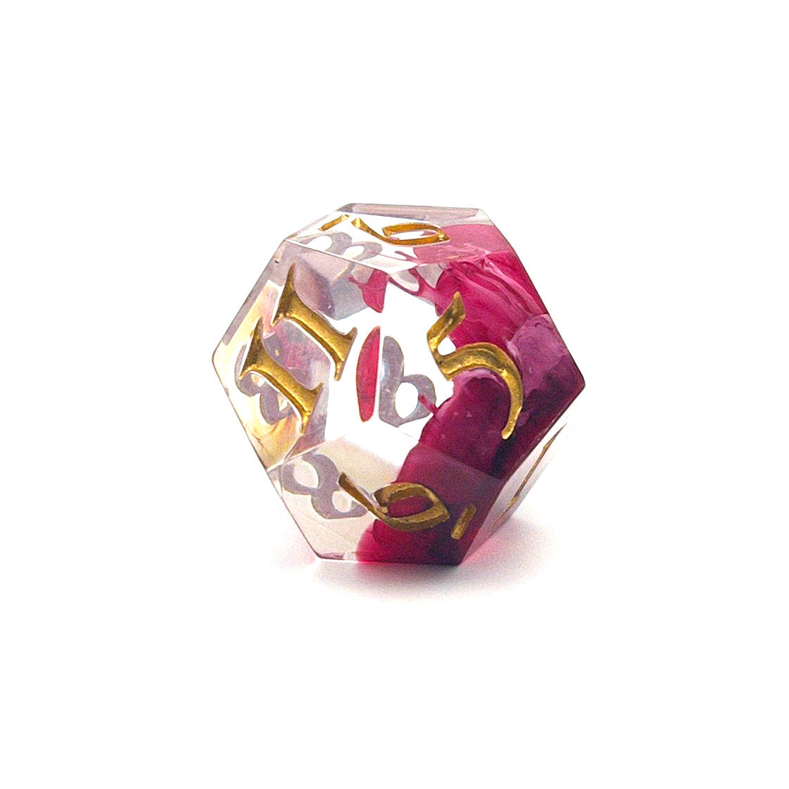 D12 TTRPG resin dice, petri-pour in white and Sweet Cherry, inked in Gold
