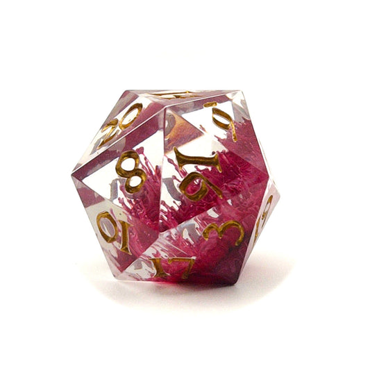 D20 TTRPG resin dice, petri-pour in white and Sweet Cherry, inked in Gold