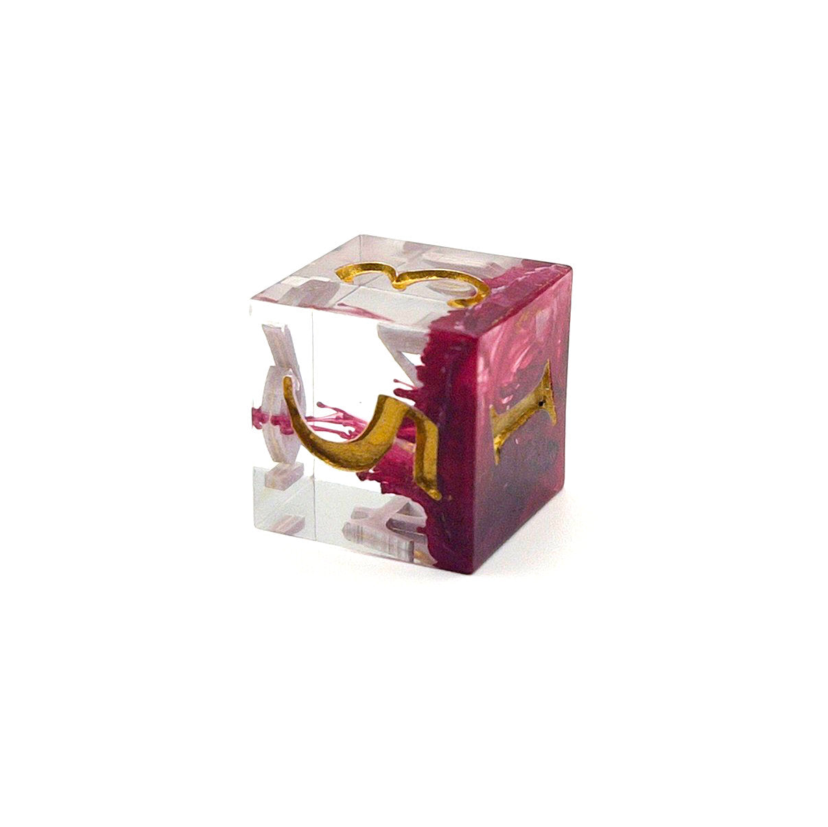 D6 TTRPG resin dice, petri-pour in white and Sweet Cherry, inked in Gold