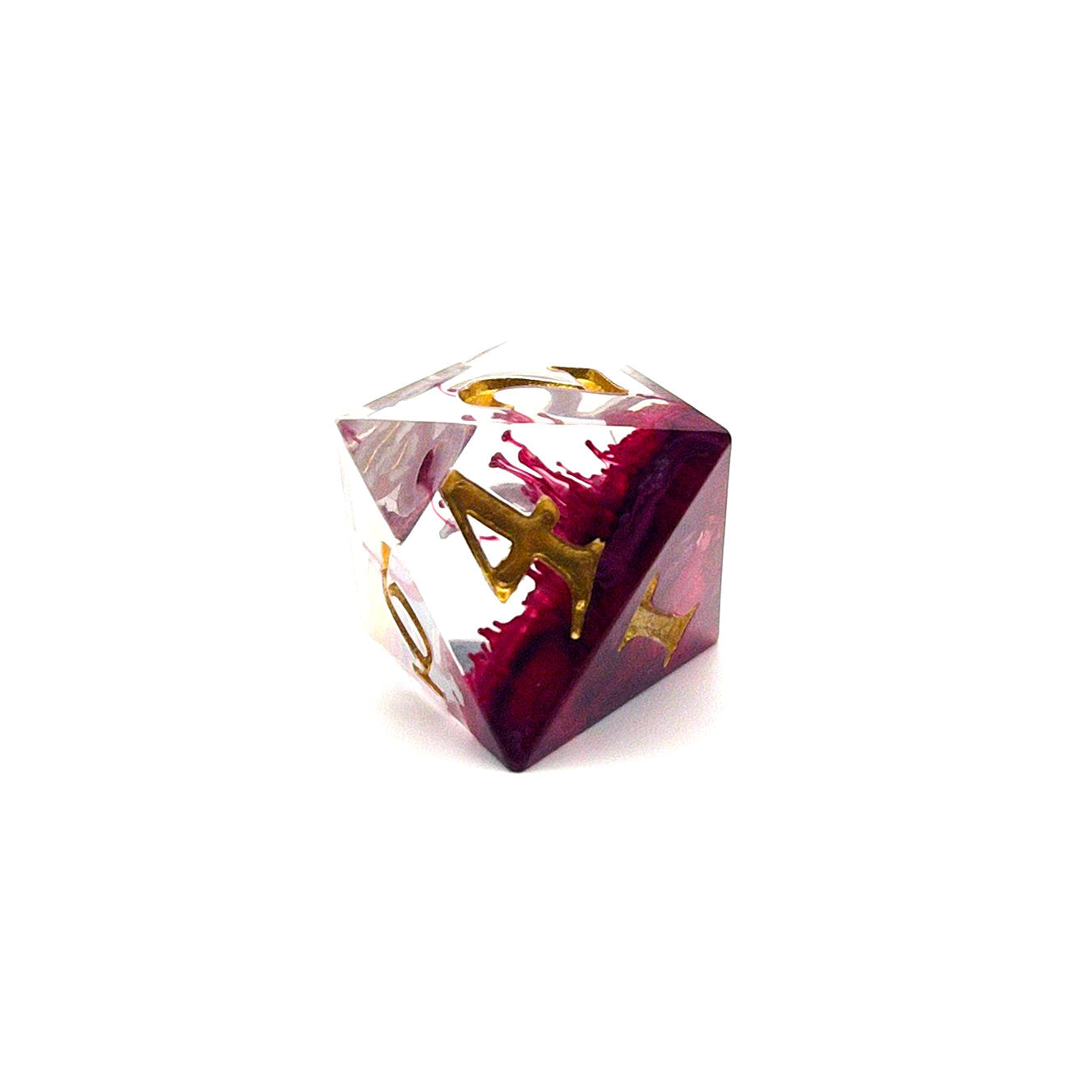 D8 TTRPG resin dice, petri-pour in white and Sweet Cherry, inked in Gold