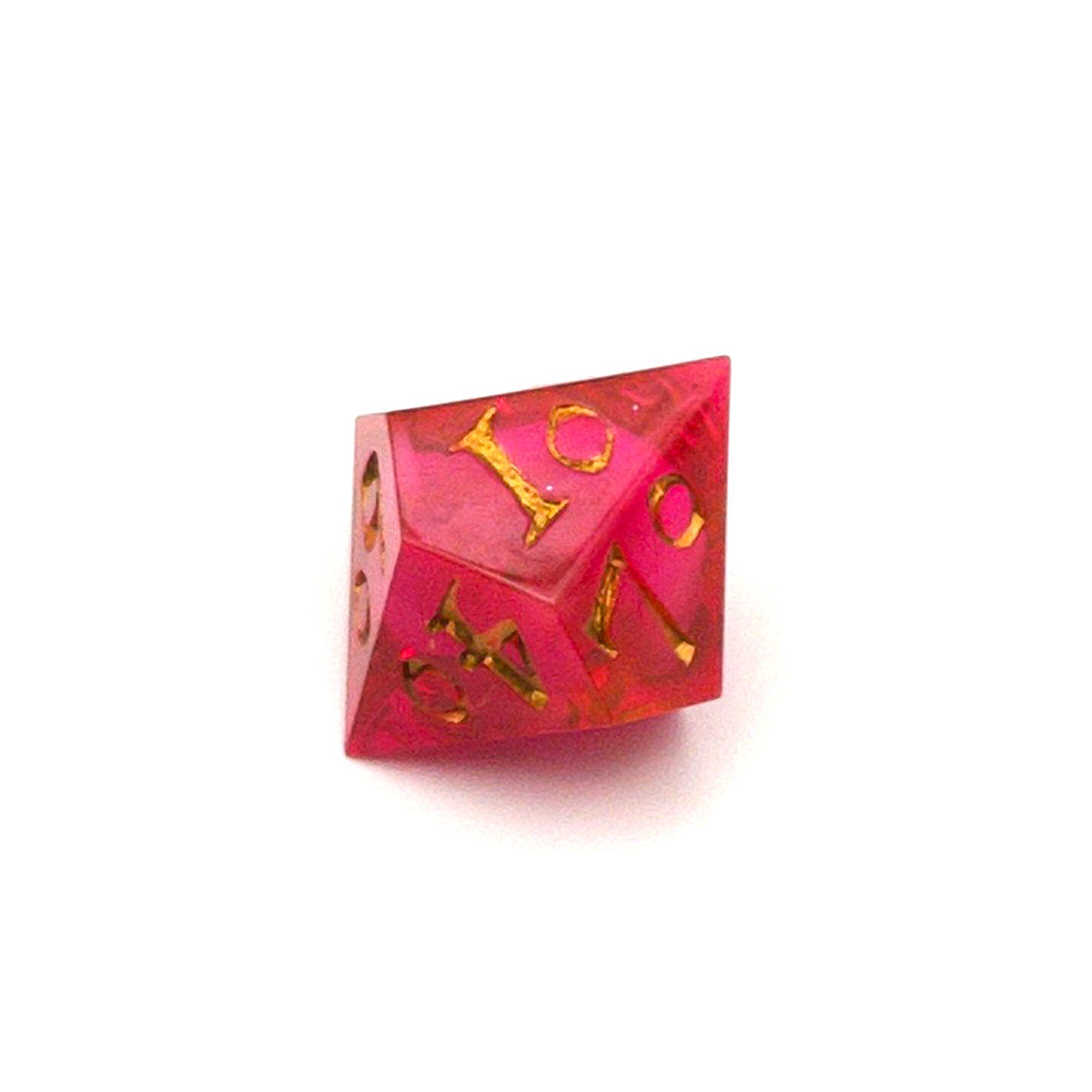 D100 semi-transparent resin die, coloured with red and pink dye, with a soft blur of resin coloured with Piñata Blanco Blanco white in the centre and inked in gold