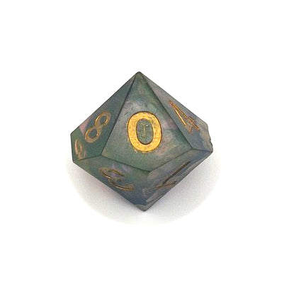 D10 resin dice. The resin is semi-transparent pigmented with gold, black and amber dyes. This is inked in gold.