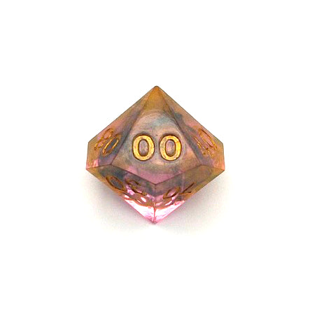 D100 resin dice. The resin is semi-transparent pigmented with gold, black and amber dyes. This is inked in gold.