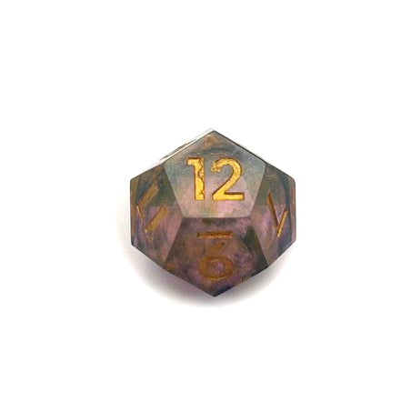 D12 resin dice. The resin is semi-transparent pigmented with gold, black and amber dyes. This is inked in gold.