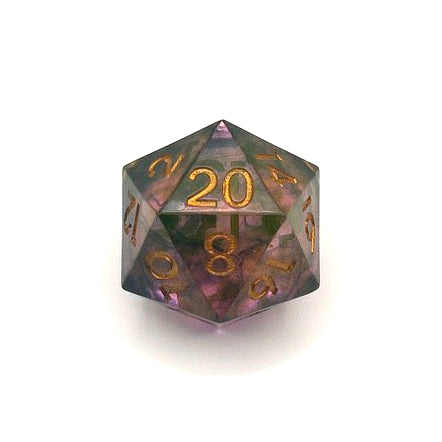 D20  resin dice. The resin is semi-transparent pigmented with gold, black and amber dyes. This is inked in gold