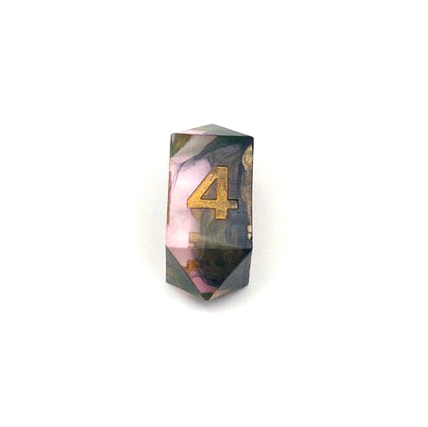 D4 resin dice, in the crystal shape. The resin is semi-transparent pigmented with gold, black and amber dyes. This is inked in gold.