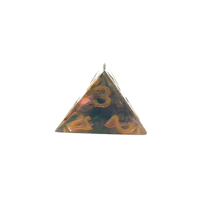 D4 resin dice, in the pyramid shape. The resin is semi-transparent pigmented with gold, black and amber dyes. This is inked in gold.