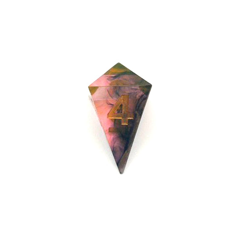 D4 resin dice, in the shard shape. The resin is semi-transparent pigmented with gold, black and amber dyes. This is inked in gold.
