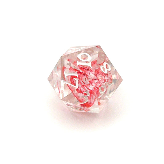 D20 TTRPG die. Transparent resin with a swirl of red dyed resin through the centre, known as 'Blood in the Water'. Inked in white