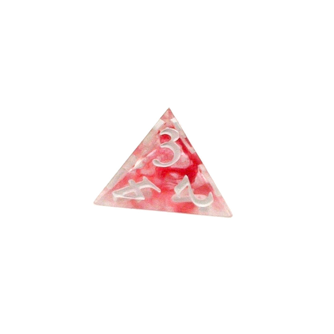 D4 TTRPG die. Transparent resin with a swirl of red dyed resin through the centre, known as 'Blood in the Water'. Inked in white